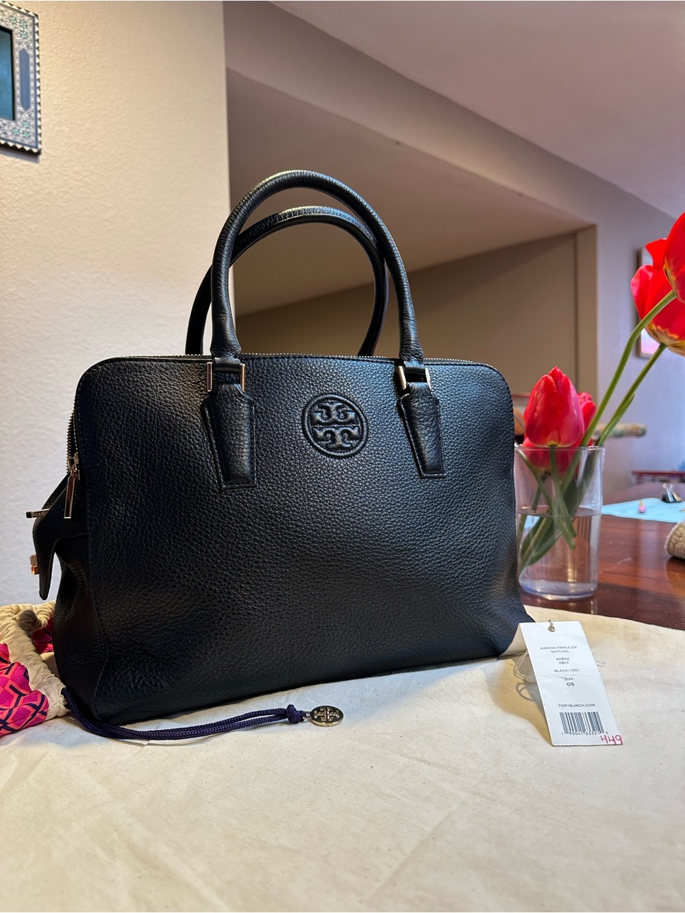 Tory Burch Marion Triple Zip Black Pebbled Leather Satchel